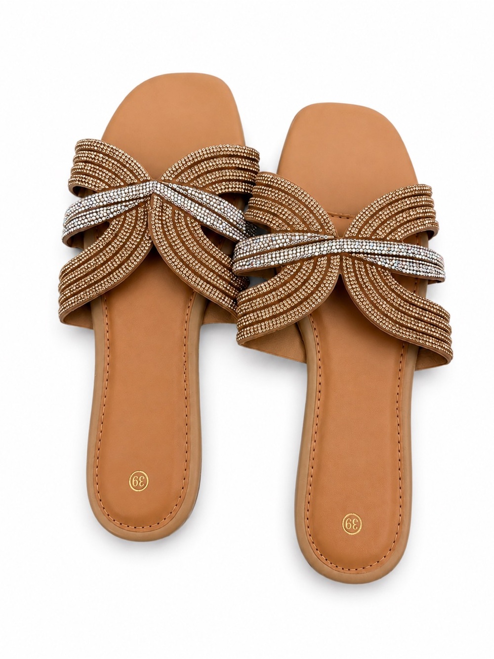 Woven Crystal-Trim Slide Sandal in Tan